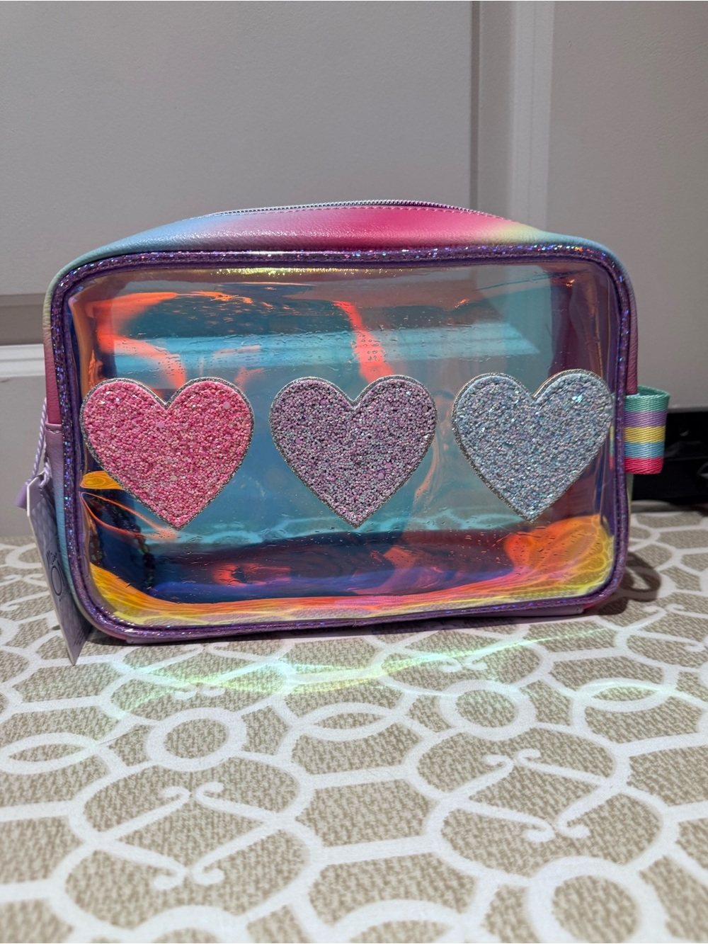 NWT Miss Gwen’s OMG Accessories clear Makeup Glam Bag with patches